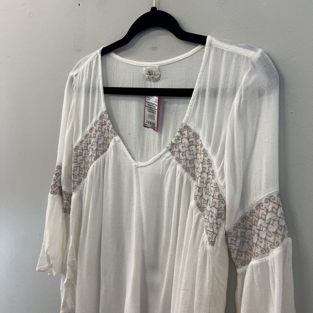 O'Neill White/ Brown Embroidered Detail Long Sleeve Top Small