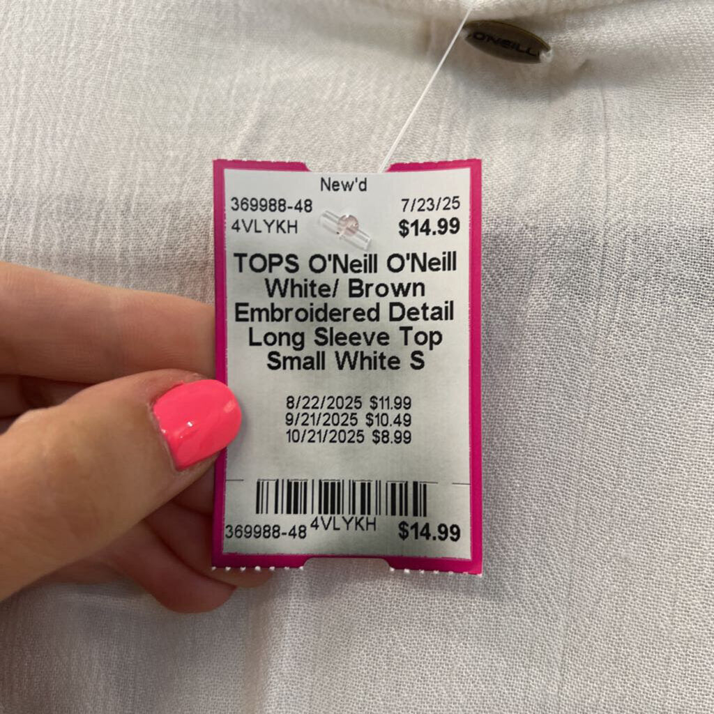 O'Neill White/ Brown Embroidered Detail Long Sleeve Top Small