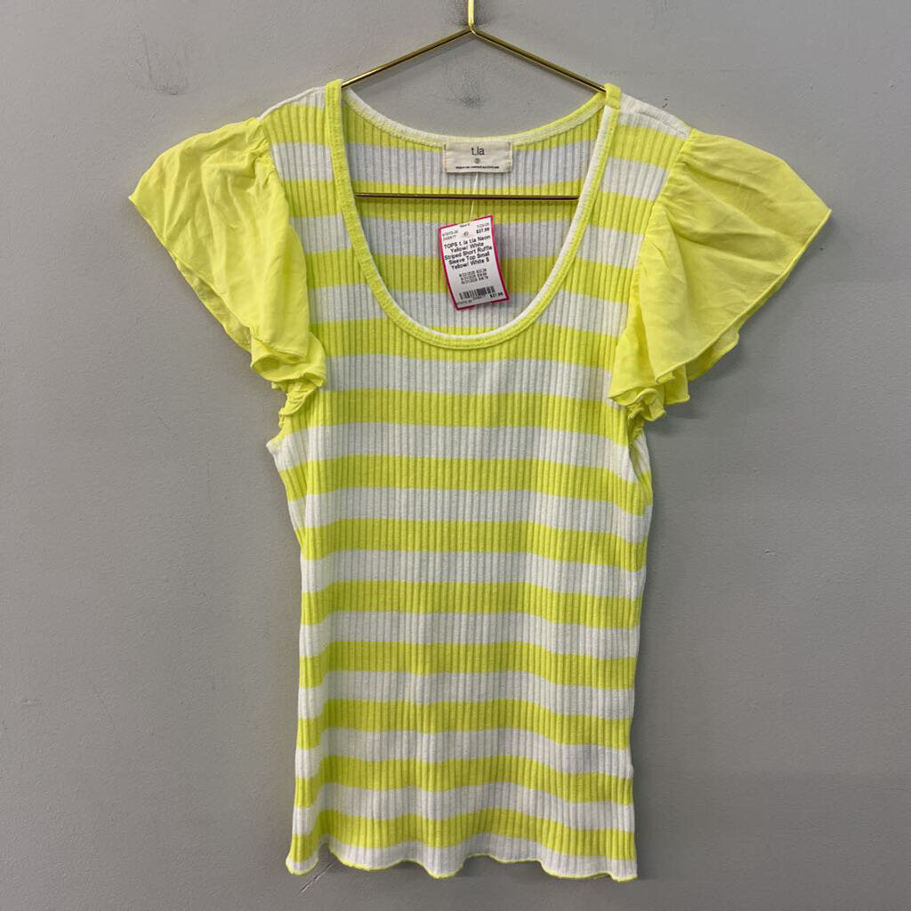 t.la Neon Yellow/ White Striped Short Ruffle Sleeve Top Small