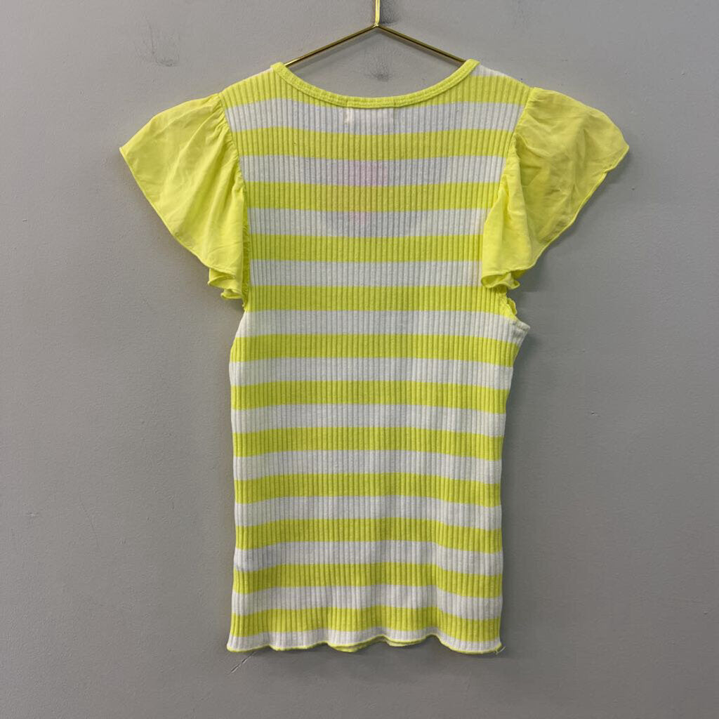 t.la Neon Yellow/ White Striped Short Ruffle Sleeve Top Small