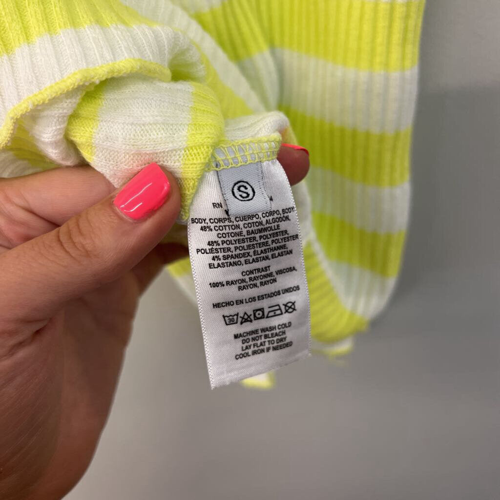 t.la Neon Yellow/ White Striped Short Ruffle Sleeve Top Small