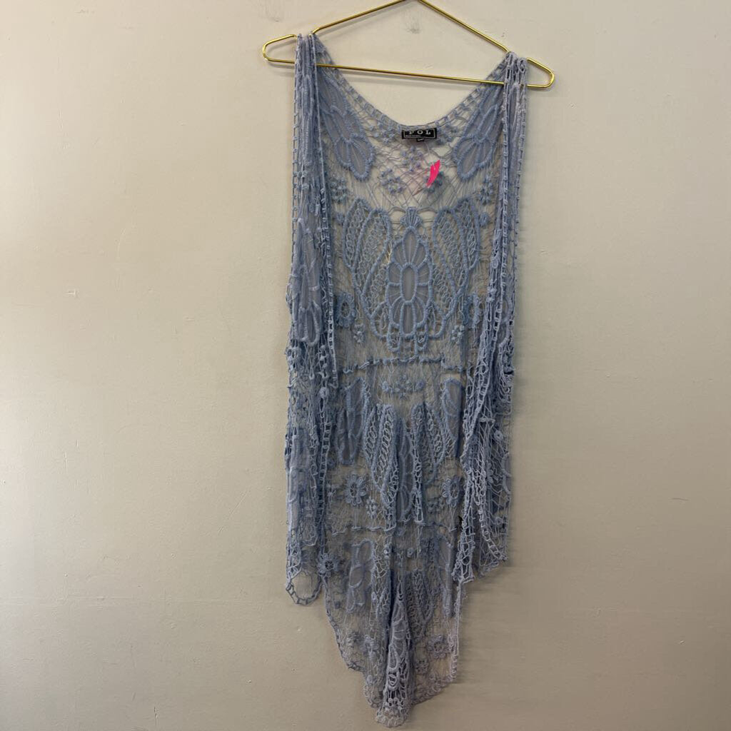 POL Blue Crochet Open Front Vest Top Small/ Medium