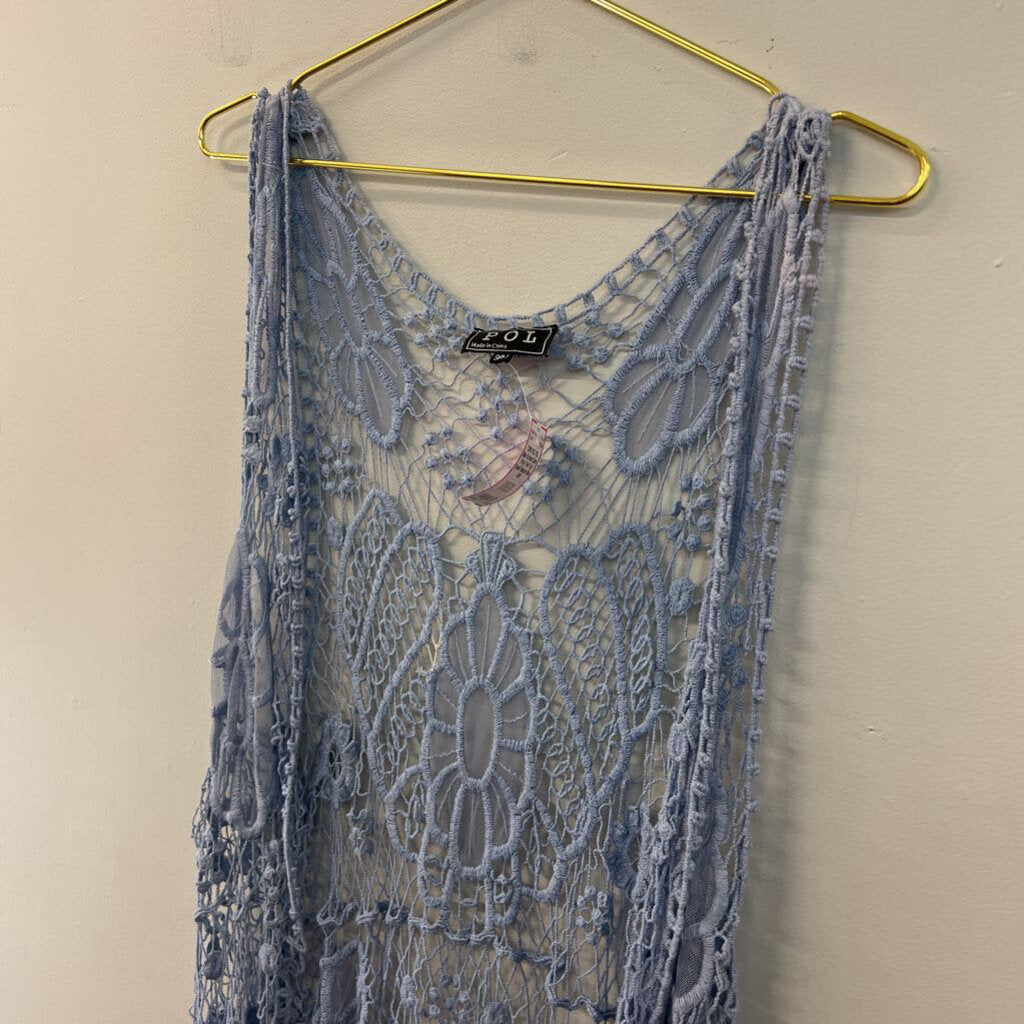 POL Blue Crochet Open Front Vest Top Small/ Medium