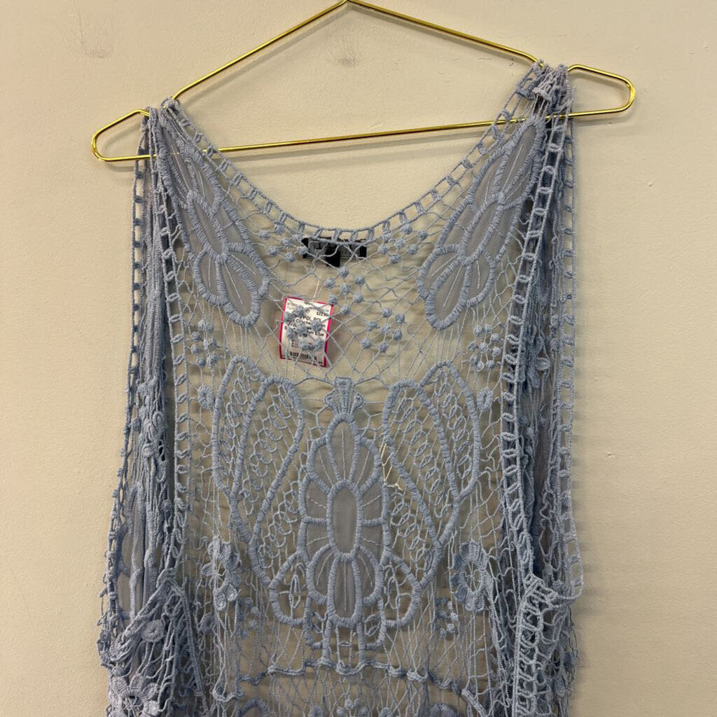 POL Blue Crochet Open Front Vest Top Small/ Medium