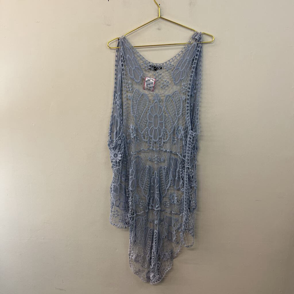 POL Blue Crochet Open Front Vest Top Small/ Medium