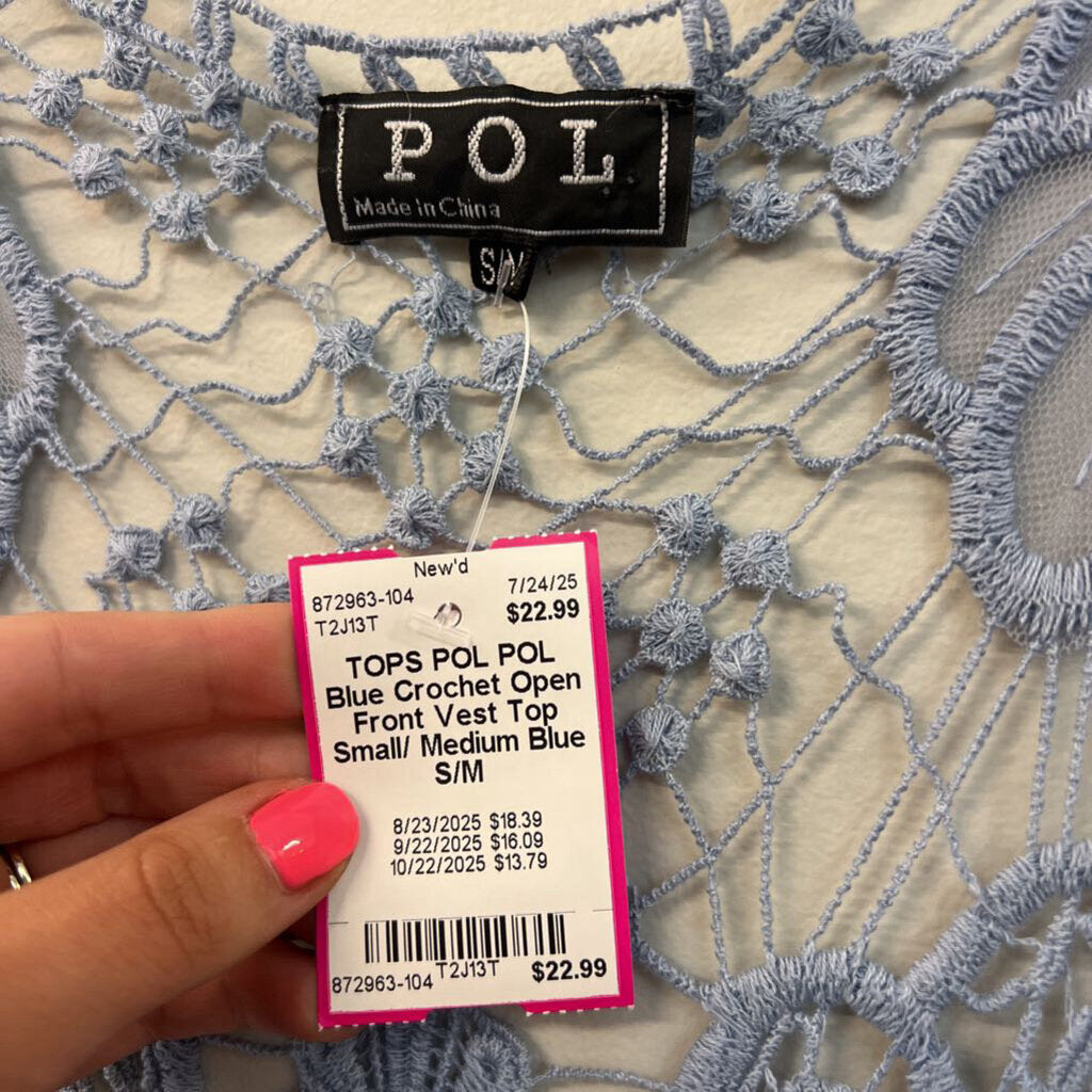 POL Blue Crochet Open Front Vest Top Small/ Medium