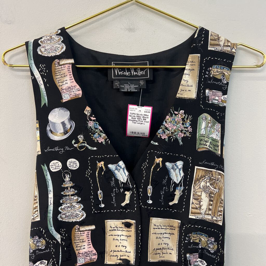 Nicole Miller Black/ Multi 100% Silk Wedding Print Vest Top Large