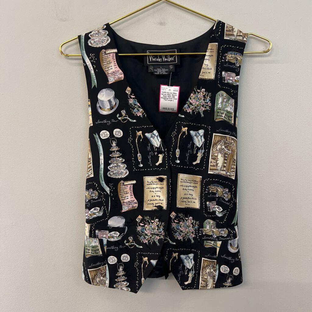 Nicole Miller Black/ Multi 100% Silk Wedding Print Vest Top Large