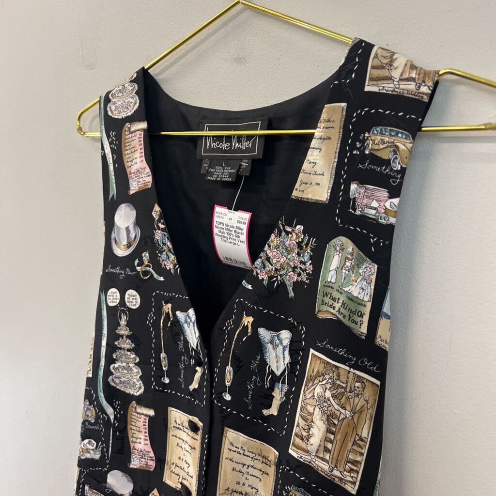 Nicole Miller Black/ Multi 100% Silk Wedding Print Vest Top Large