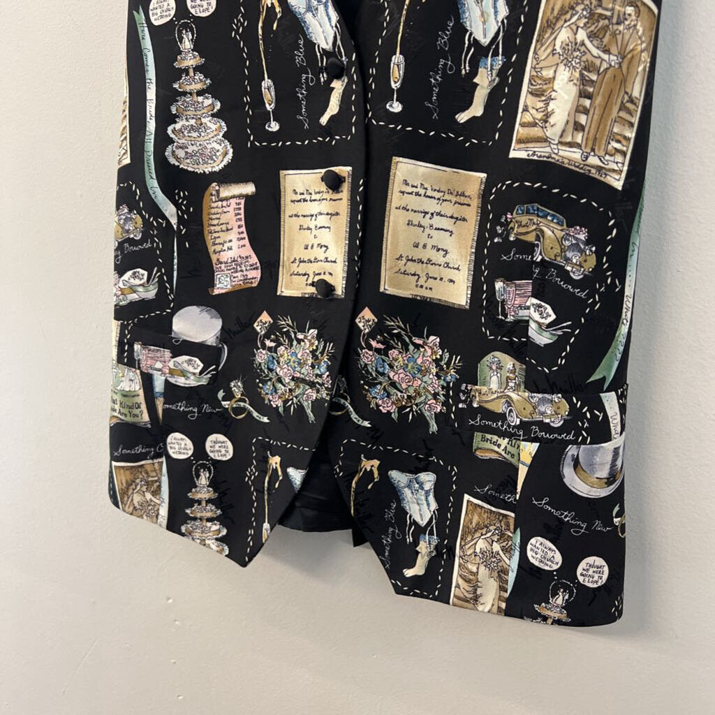 Nicole Miller Black/ Multi 100% Silk Wedding Print Vest Top Large