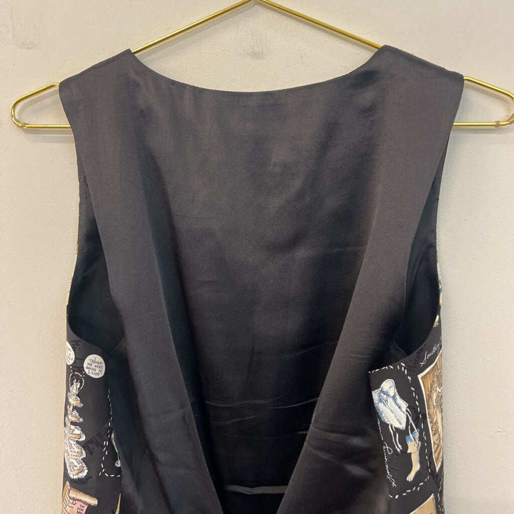 Nicole Miller Black/ Multi 100% Silk Wedding Print Vest Top Large
