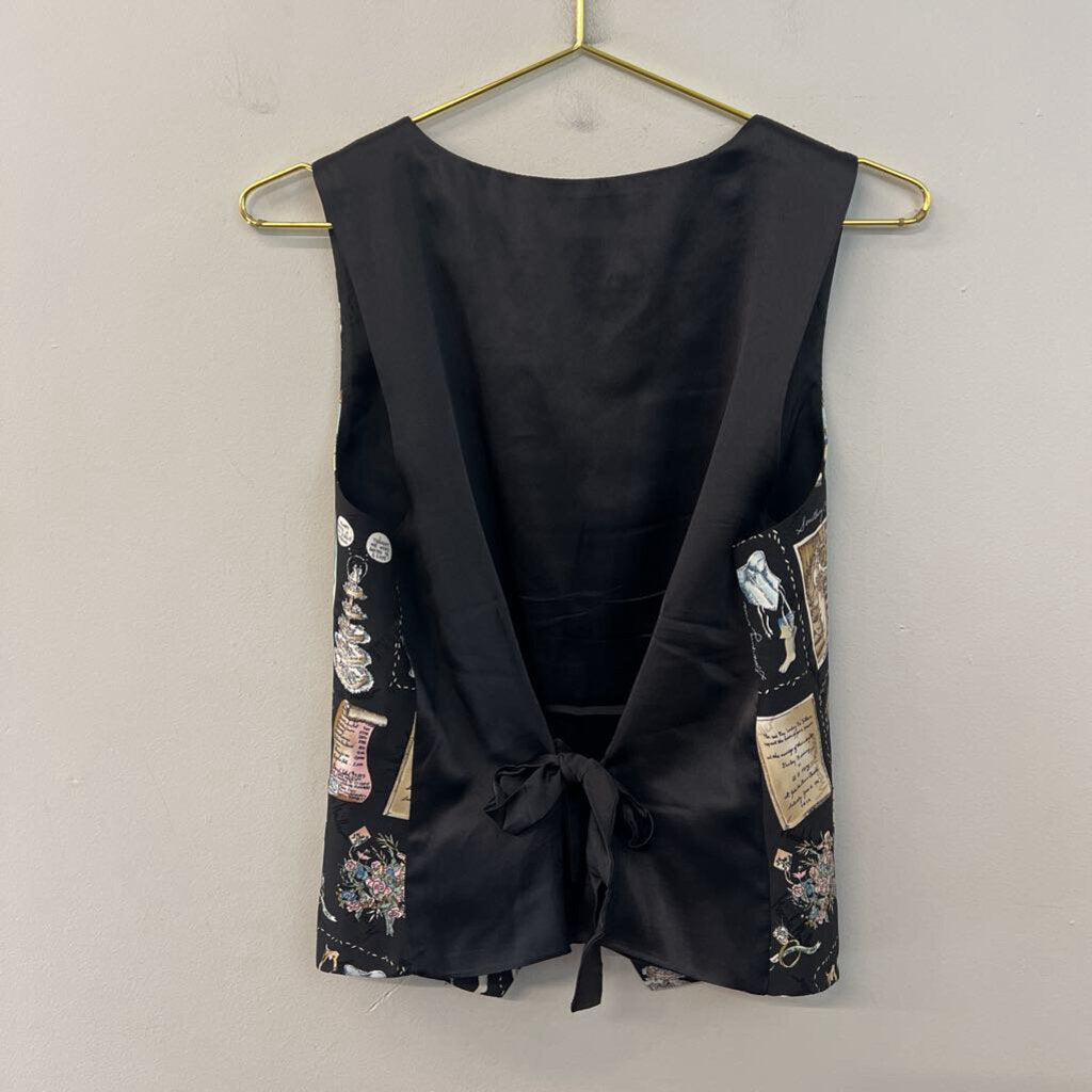 Nicole Miller Black/ Multi 100% Silk Wedding Print Vest Top Large