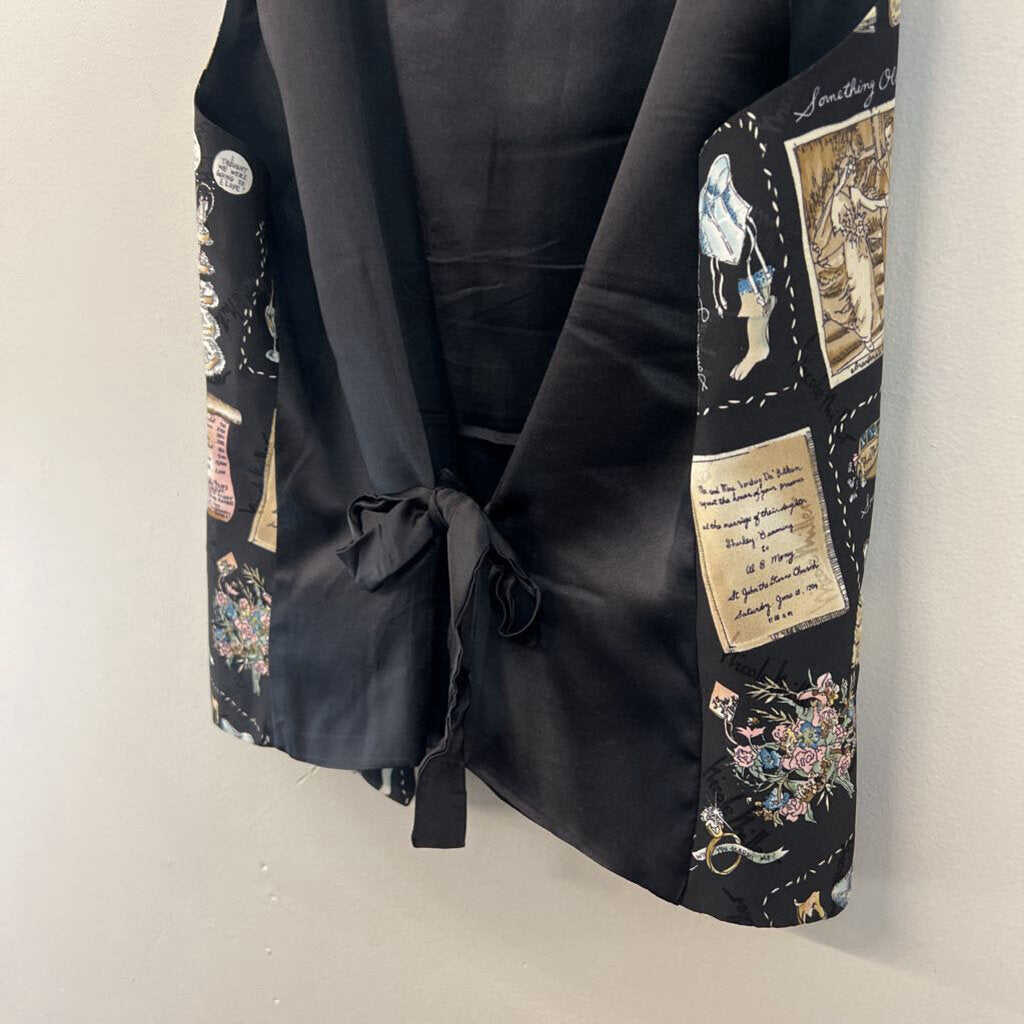 Nicole Miller Black/ Multi 100% Silk Wedding Print Vest Top Large