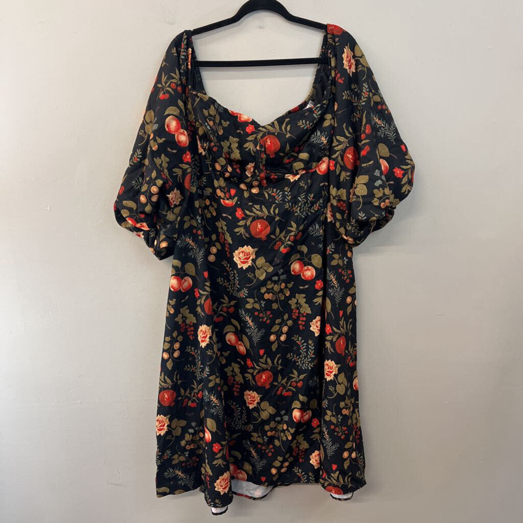 Cider Black/ Multi Botanical Print Long Puff Sleeve Maxi Dress 4X