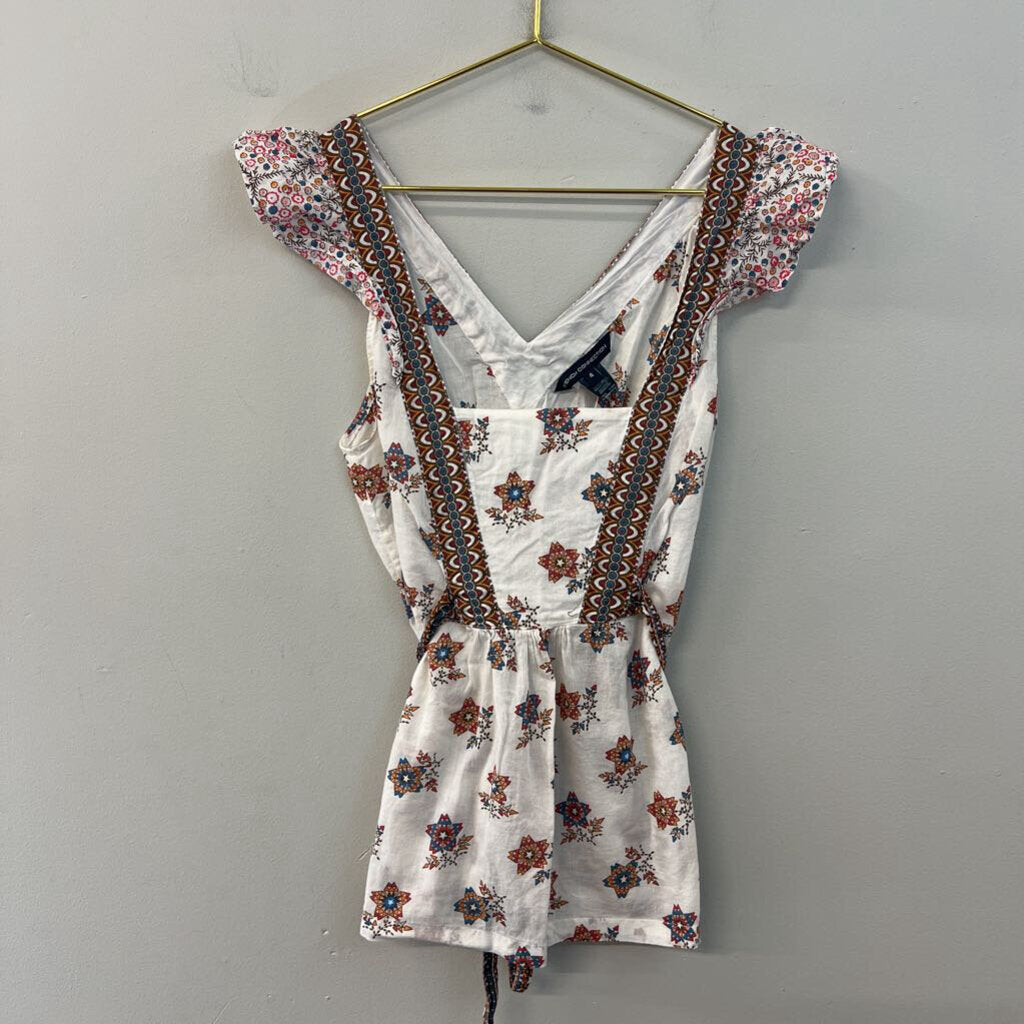 French Connection White/ Multi Print Short Flutter Sleeve Tie Back Top 4