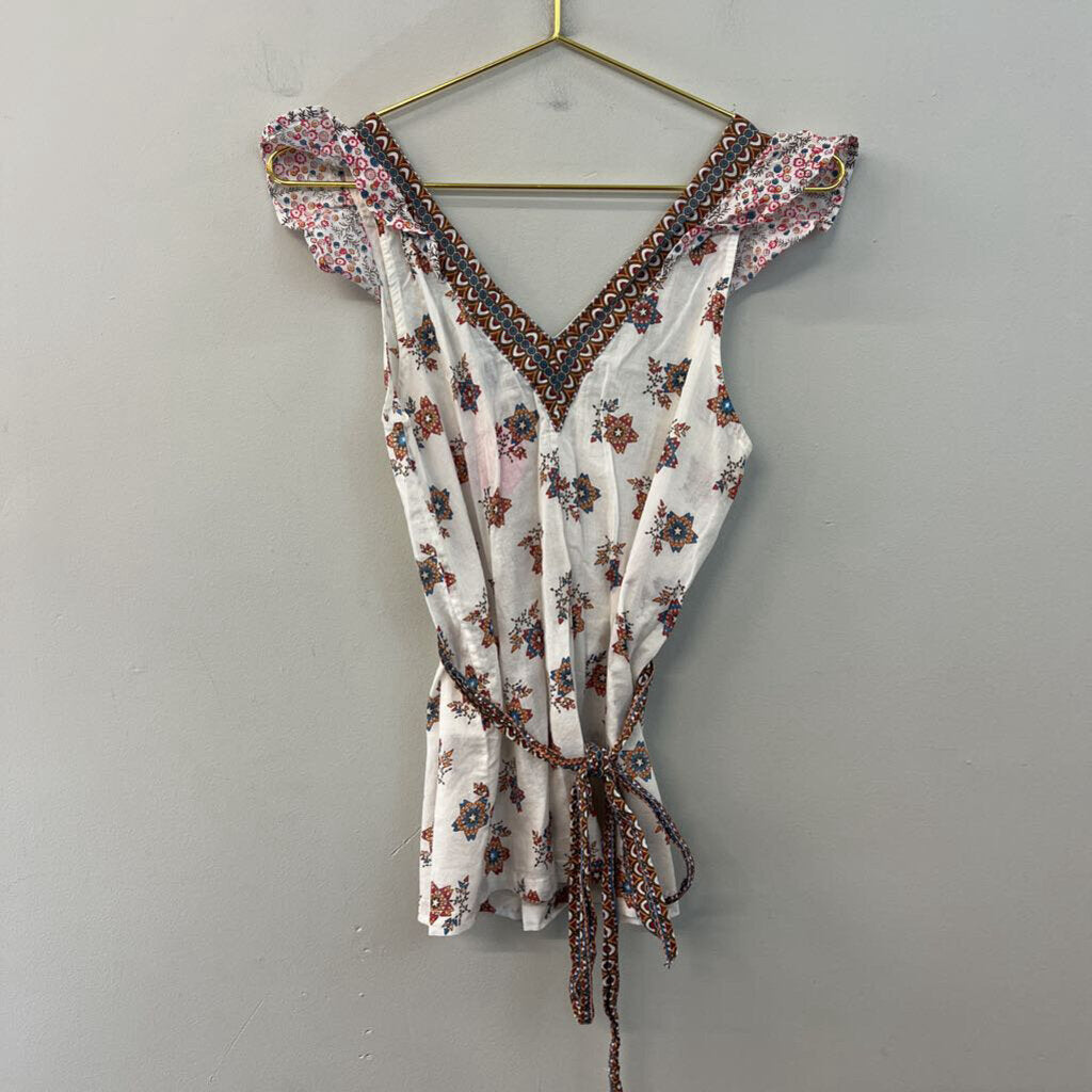 French Connection White/ Multi Print Short Flutter Sleeve Tie Back Top 4