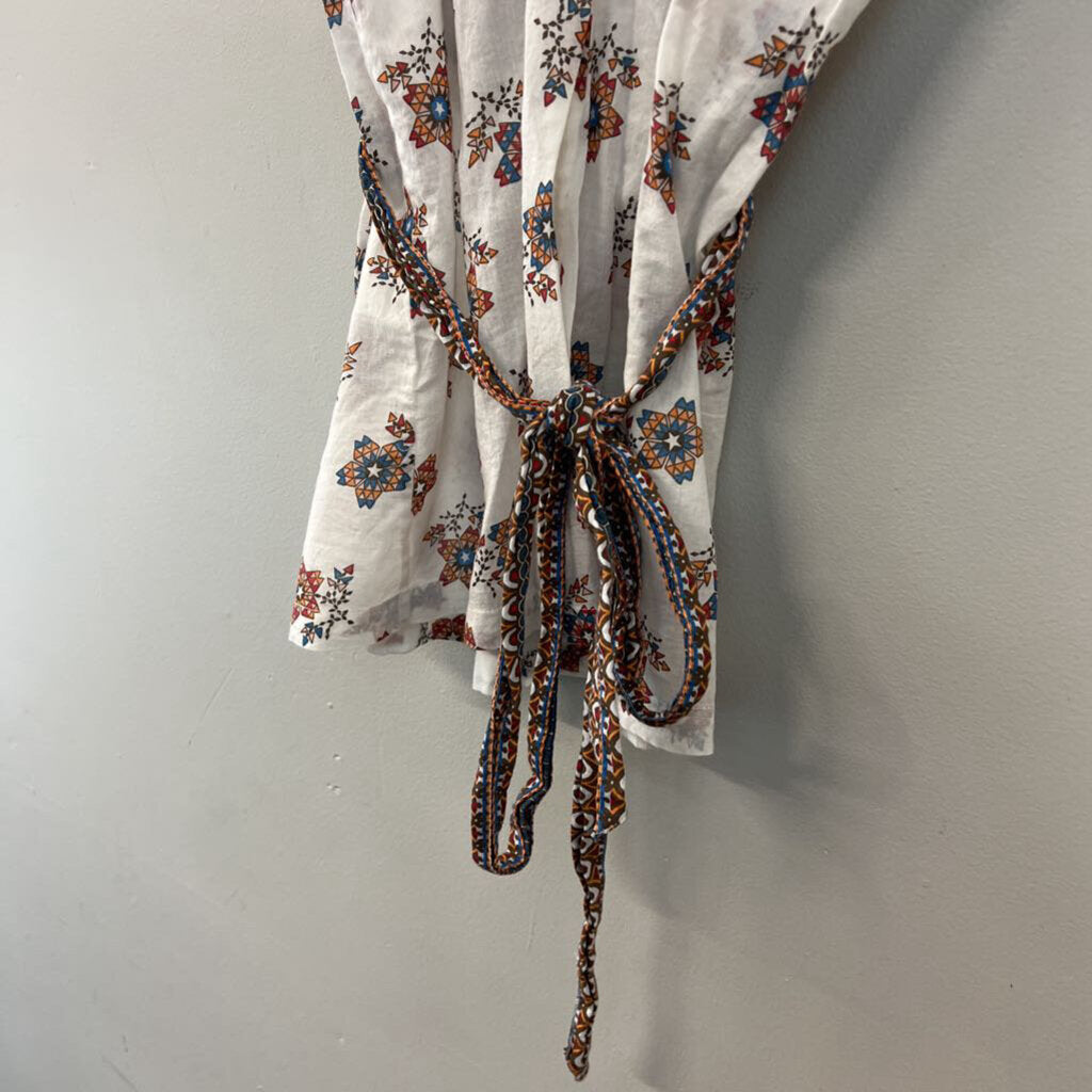 French Connection White/ Multi Print Short Flutter Sleeve Tie Back Top 4