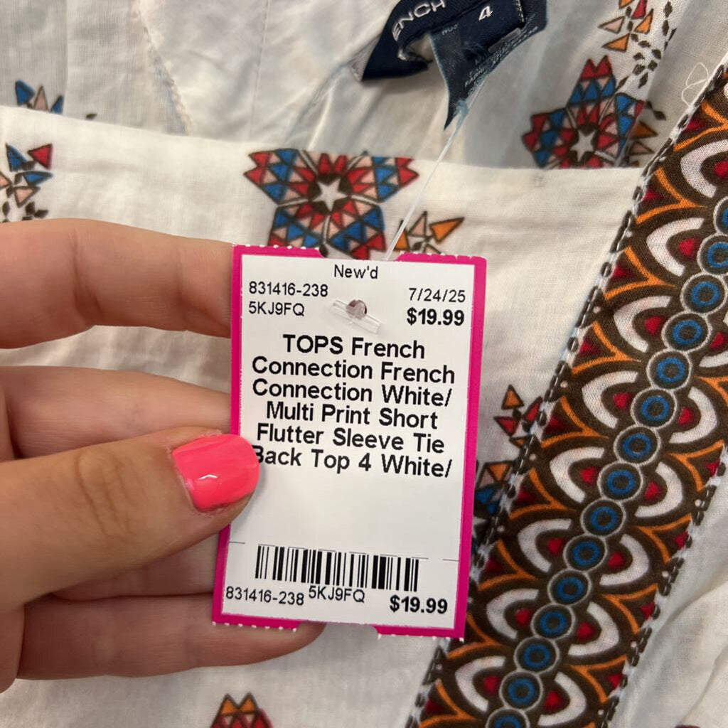 French Connection White/ Multi Print Short Flutter Sleeve Tie Back Top 4