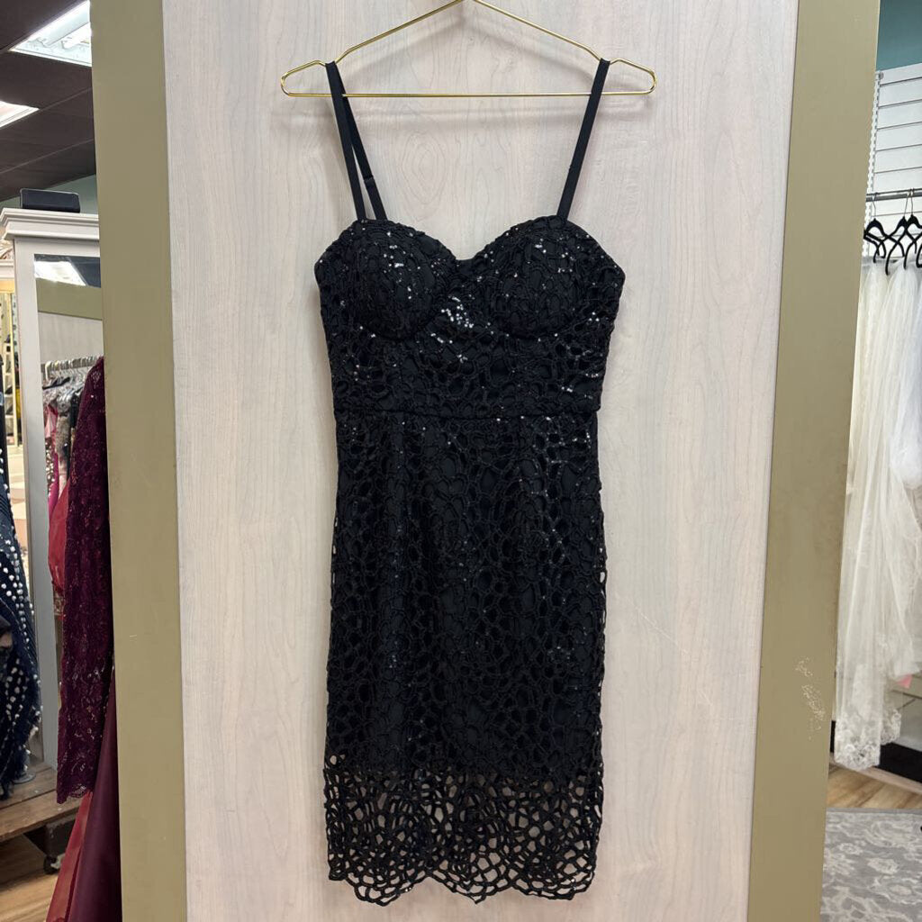 Bebe Black Sequin Lace Corset Top Midi Short Formal Dress 6