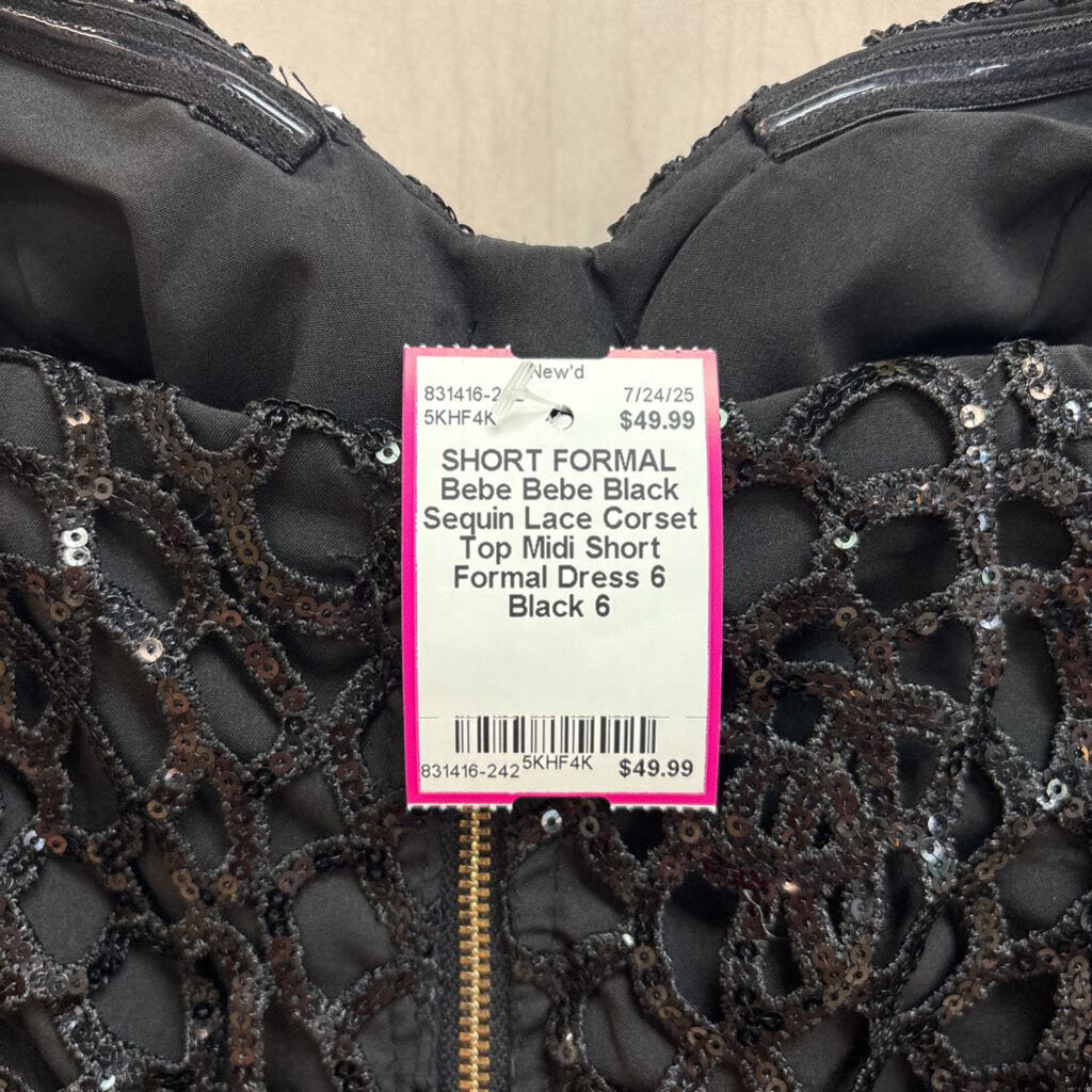 Bebe Black Sequin Lace Corset Top Midi Short Formal Dress 6