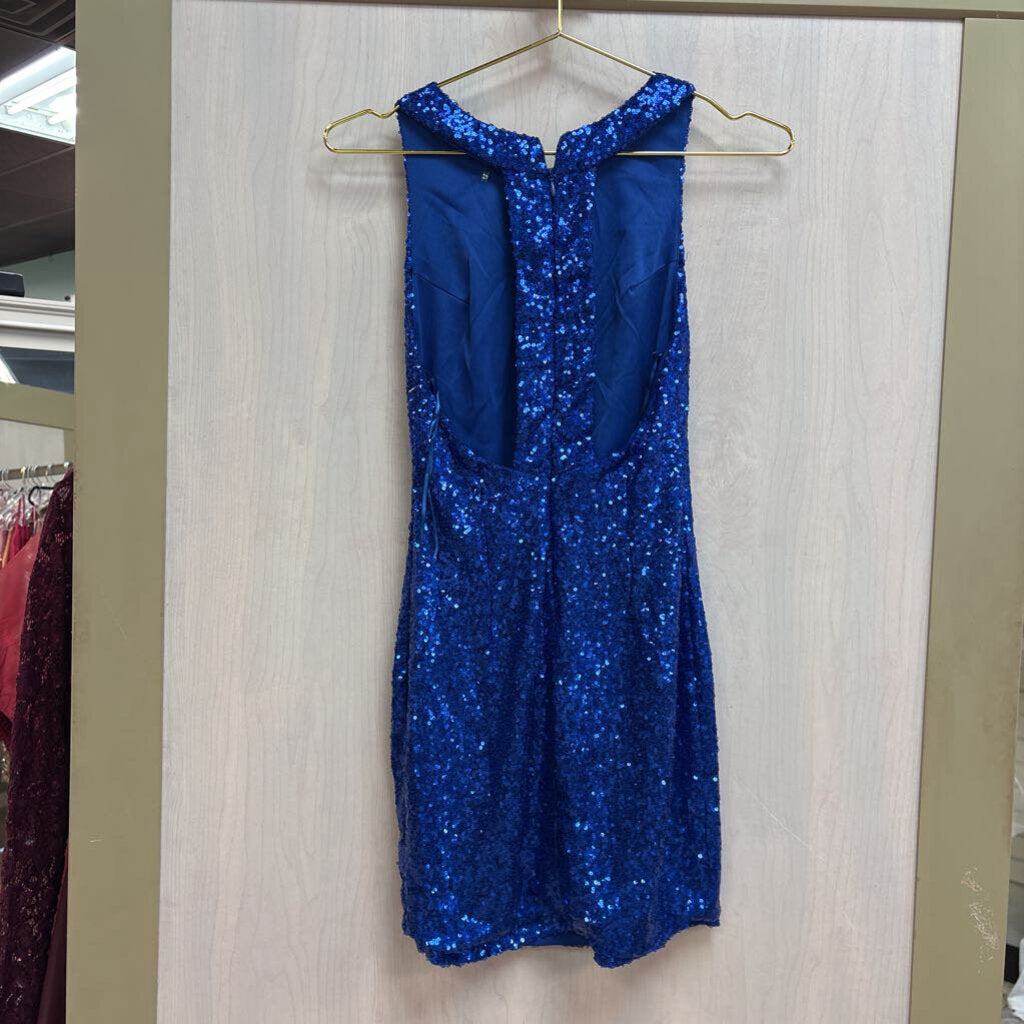 Depri Royal Blue Sequin High Neck Short Formal Dress Small