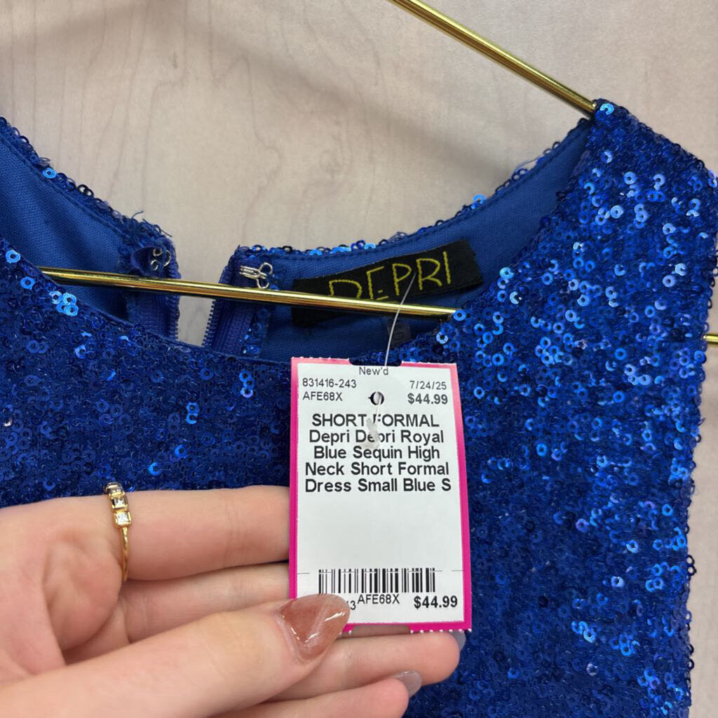 Depri Royal Blue Sequin High Neck Short Formal Dress Small