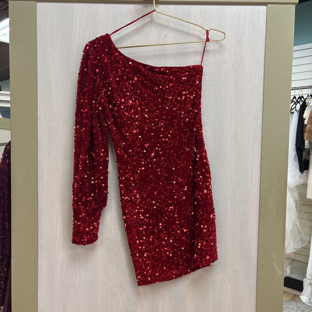 GB Red Sequin One Shoulder Short Formal Dress Extra Small