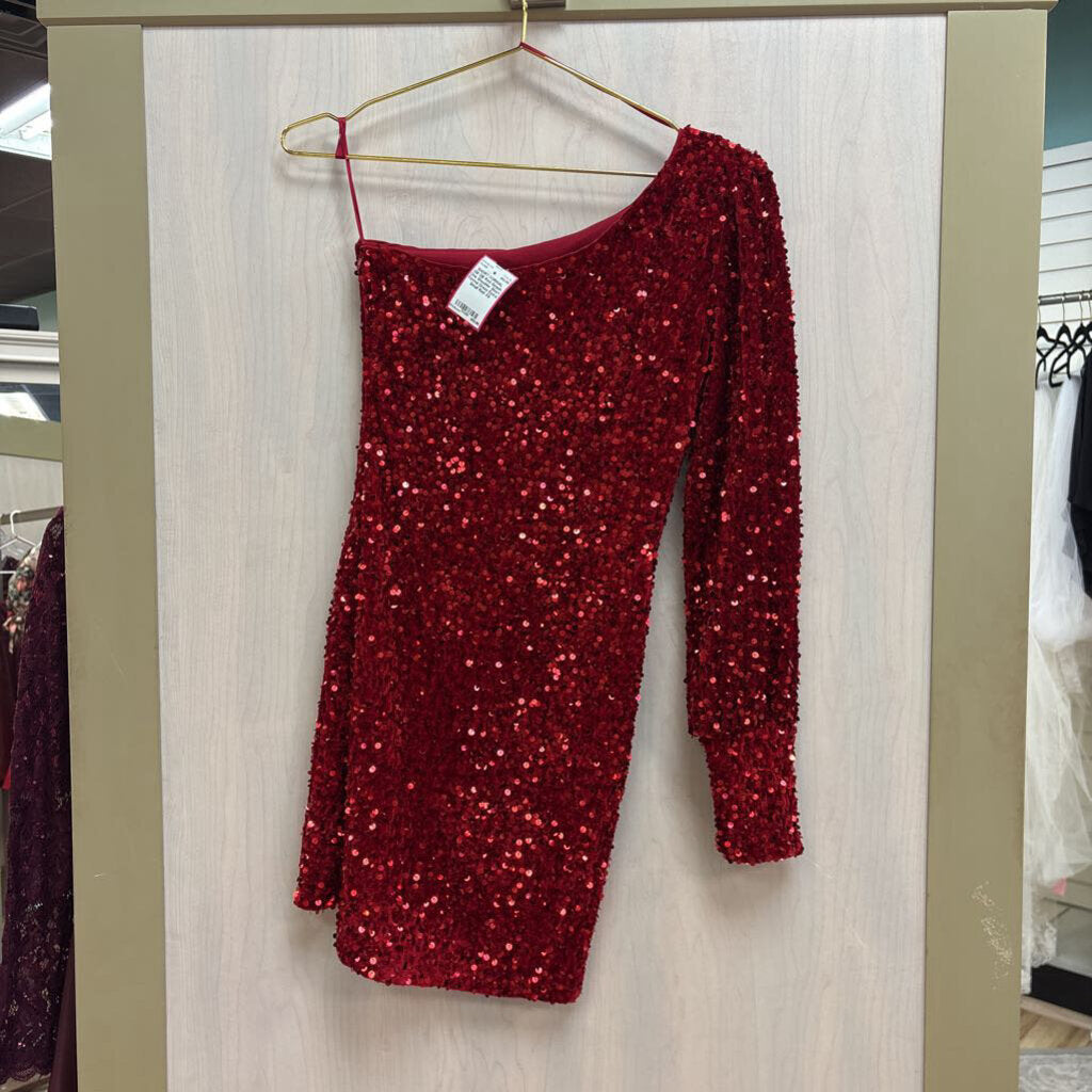 GB Red Sequin One Shoulder Short Formal Dress Extra Small