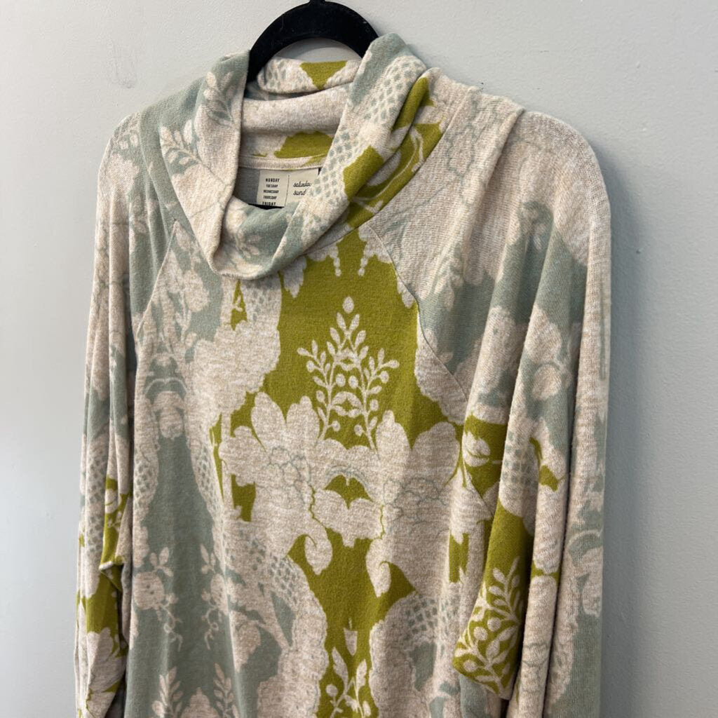 Anthropologie Cream/ Multi Print Soft Long Sleeve Mock Neck Top Large