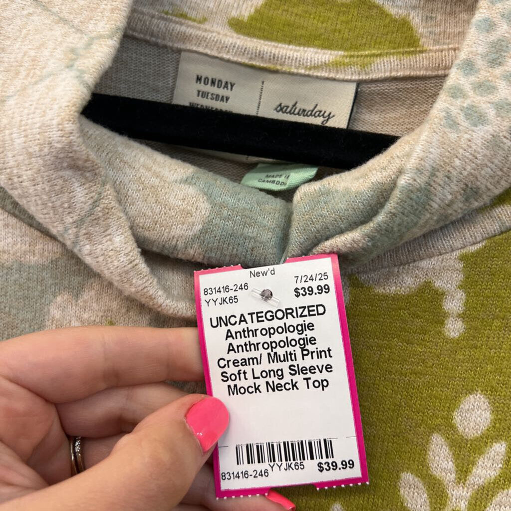 Anthropologie Cream/ Multi Print Soft Long Sleeve Mock Neck Top Large