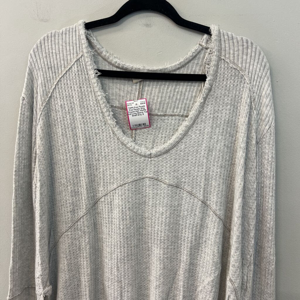 Free People Grey Frayed Hem Waffle Knit Long Sleeve Top Small