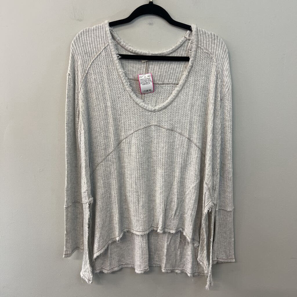 Free People Grey Frayed Hem Waffle Knit Long Sleeve Top Small