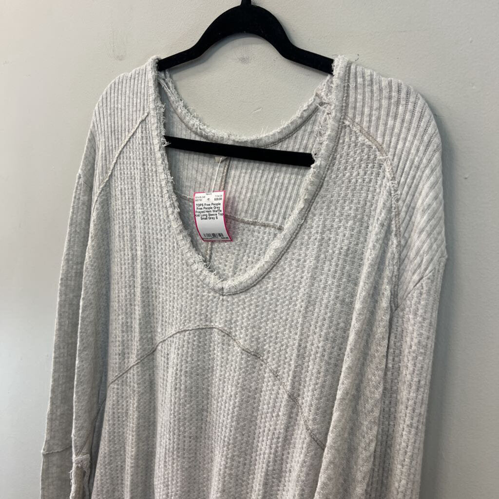 Free People Grey Frayed Hem Waffle Knit Long Sleeve Top Small