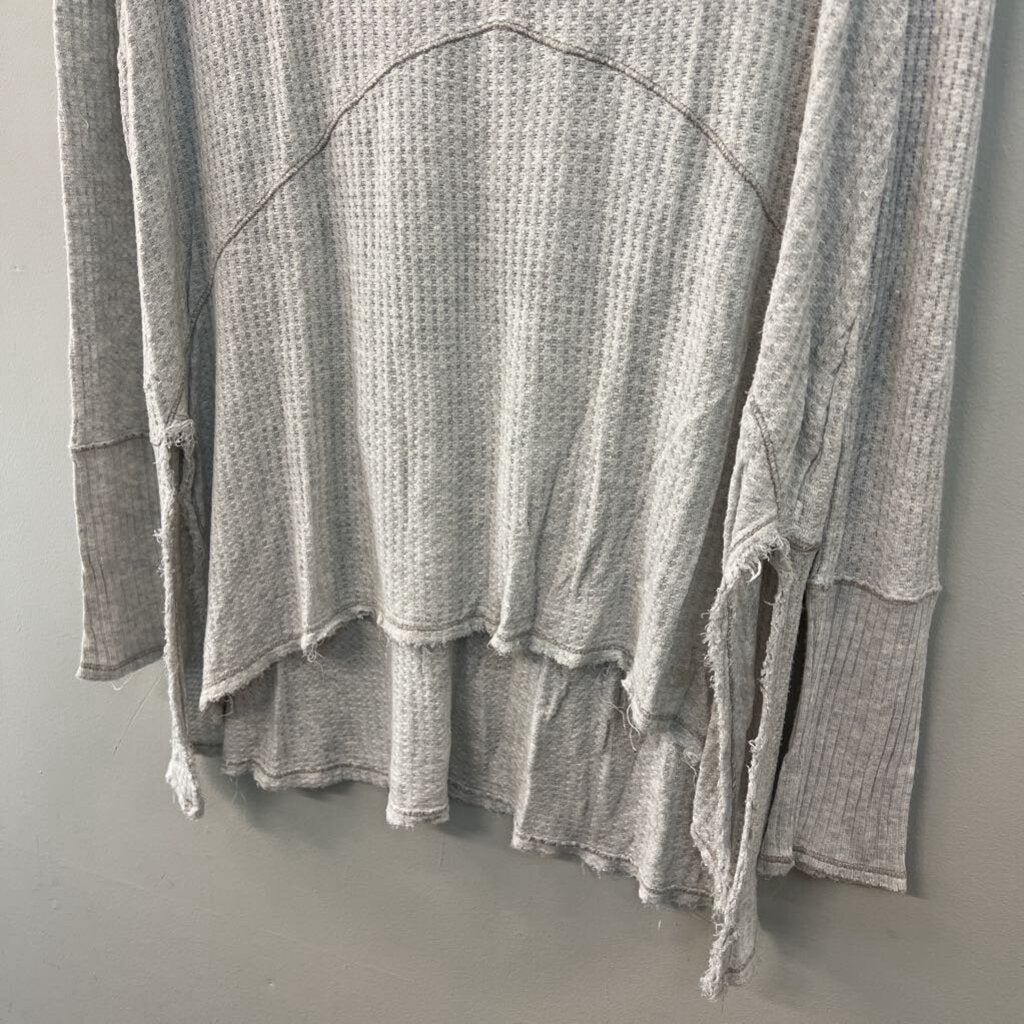 Free People Grey Frayed Hem Waffle Knit Long Sleeve Top Small