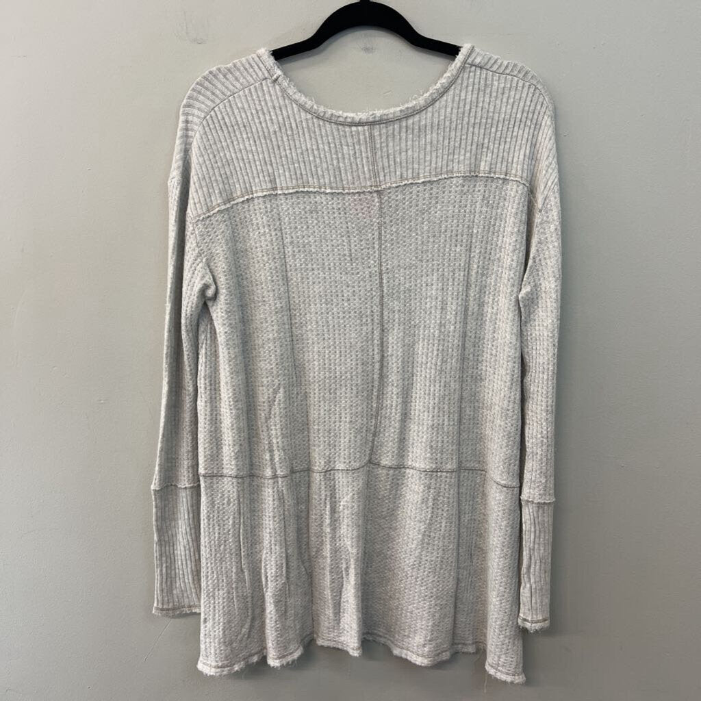 Free People Grey Frayed Hem Waffle Knit Long Sleeve Top Small