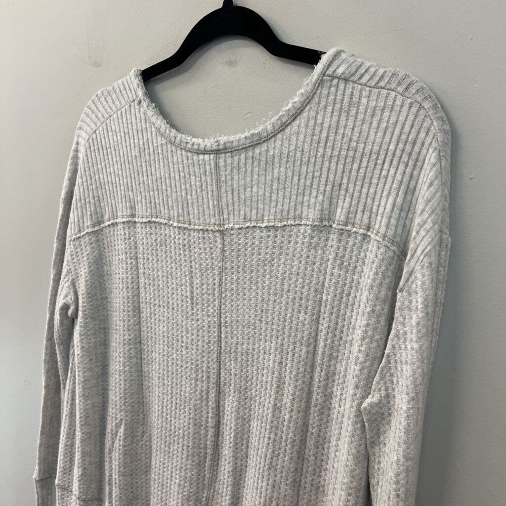 Free People Grey Frayed Hem Waffle Knit Long Sleeve Top Small