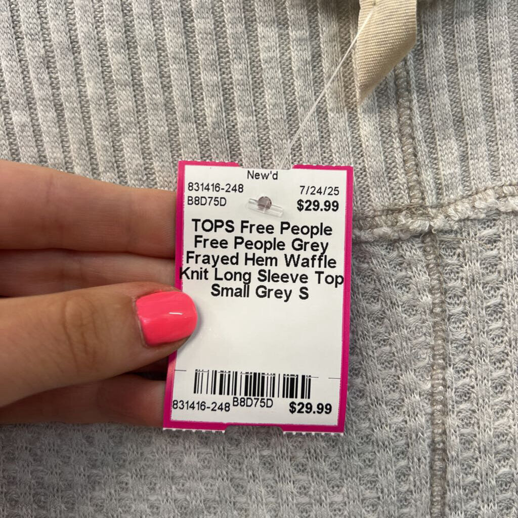 Free People Grey Frayed Hem Waffle Knit Long Sleeve Top Small