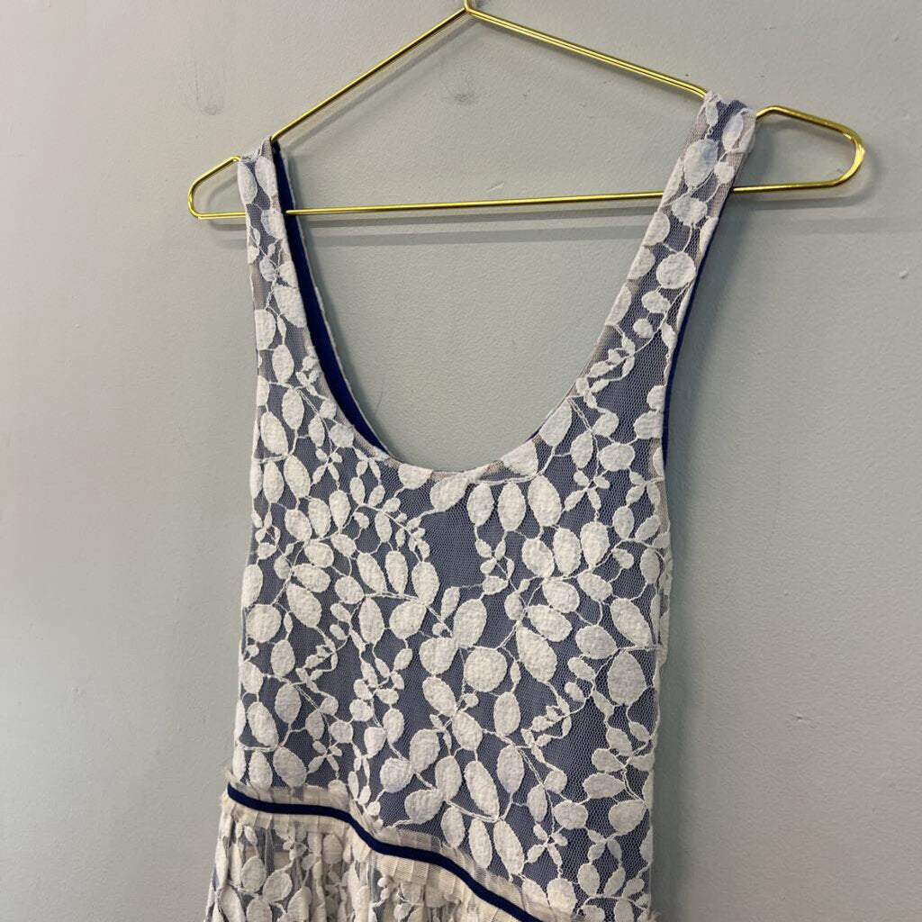 Anthropologie Blue/ Cream Lace Overlay Tank Dress Large