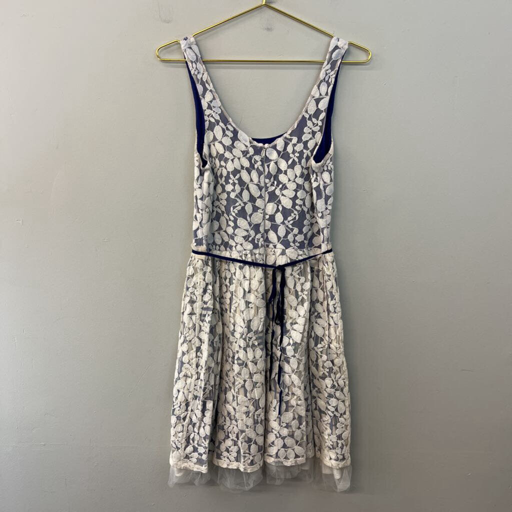 Anthropologie Blue/ Cream Lace Overlay Tank Dress Large