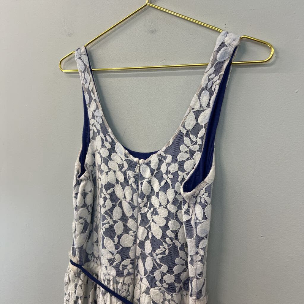Anthropologie Blue/ Cream Lace Overlay Tank Dress Large