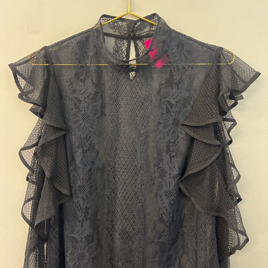 BCBG Black Sheer Lace Long Sleeve Ruffle Mock Neck Top Small