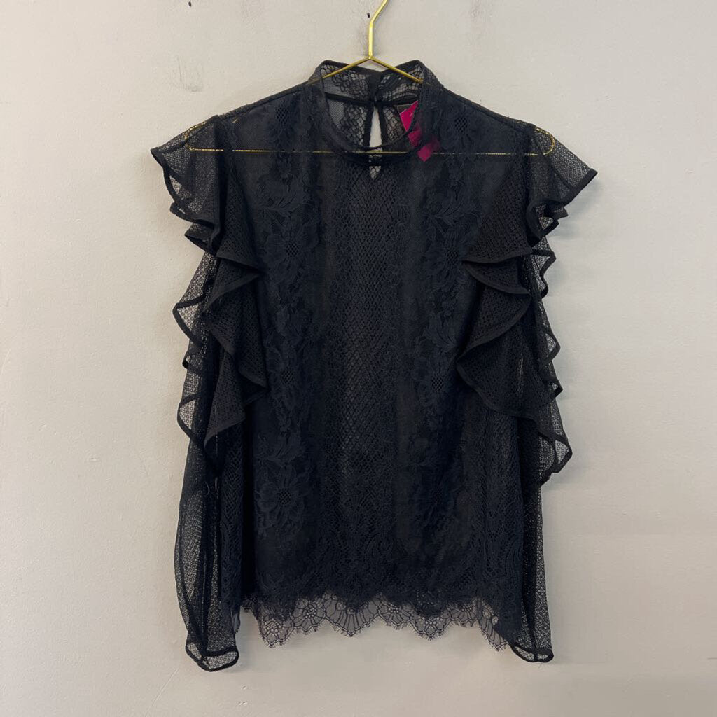 BCBG Black Sheer Lace Long Sleeve Ruffle Mock Neck Top Small