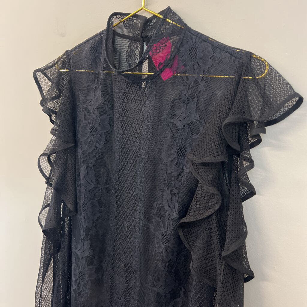 BCBG Black Sheer Lace Long Sleeve Ruffle Mock Neck Top Small