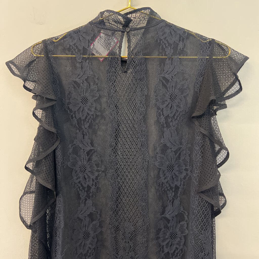 BCBG Black Sheer Lace Long Sleeve Ruffle Mock Neck Top Small