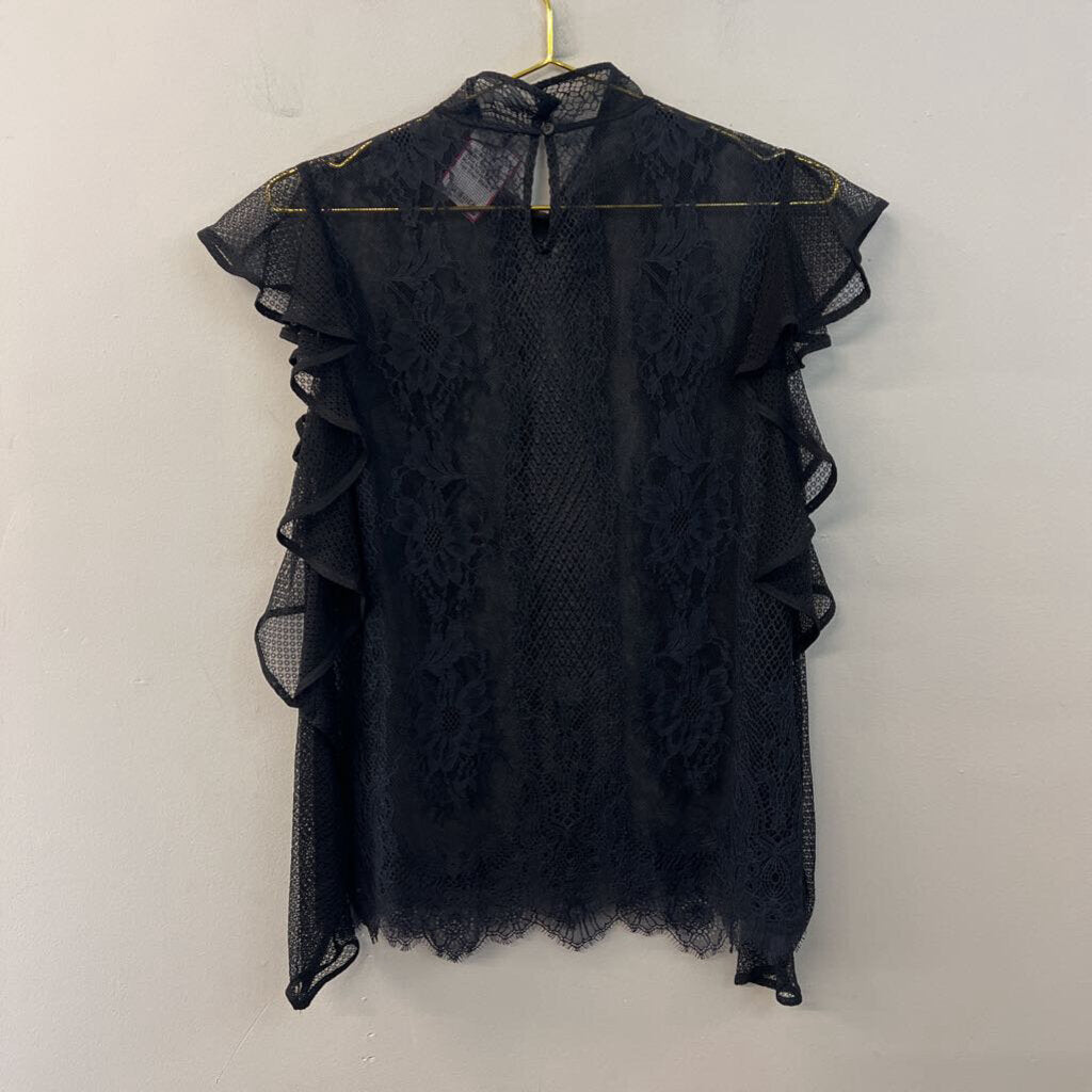 BCBG Black Sheer Lace Long Sleeve Ruffle Mock Neck Top Small