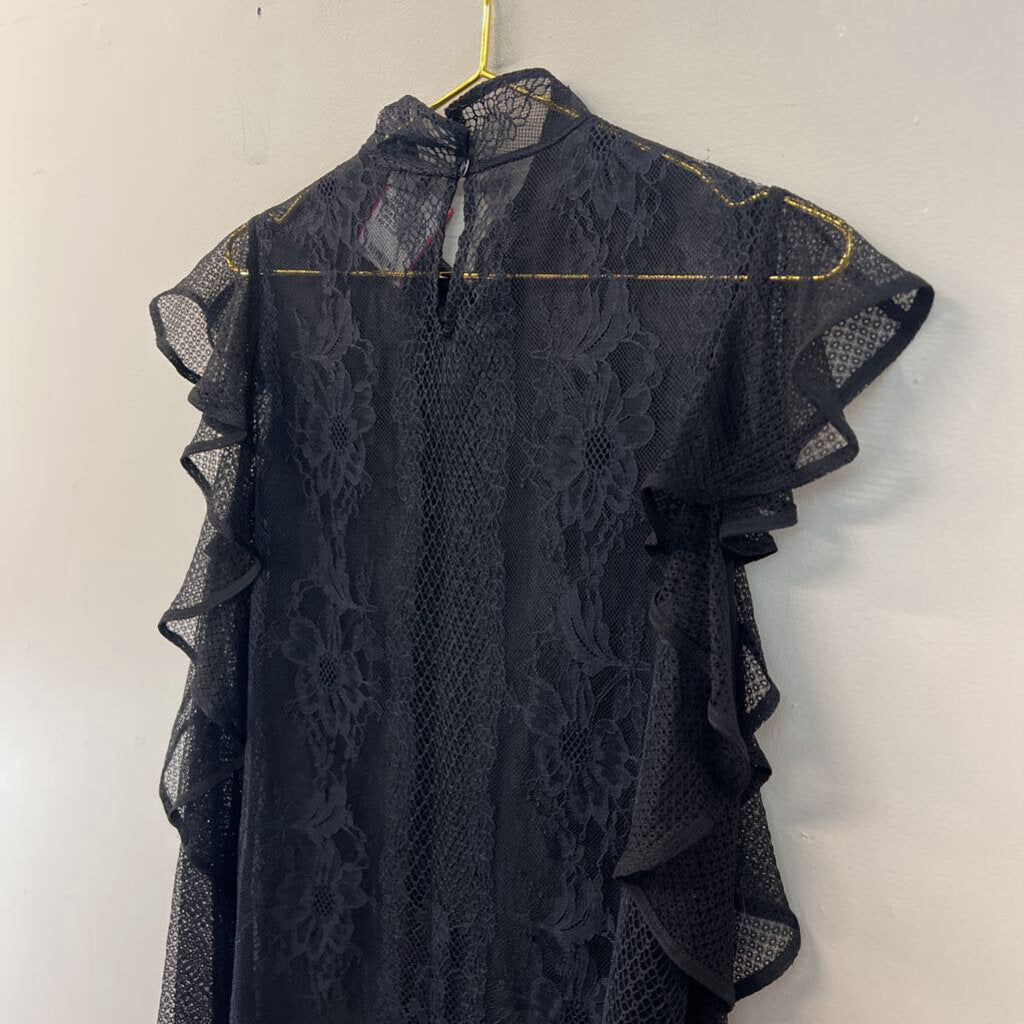 BCBG Black Sheer Lace Long Sleeve Ruffle Mock Neck Top Small