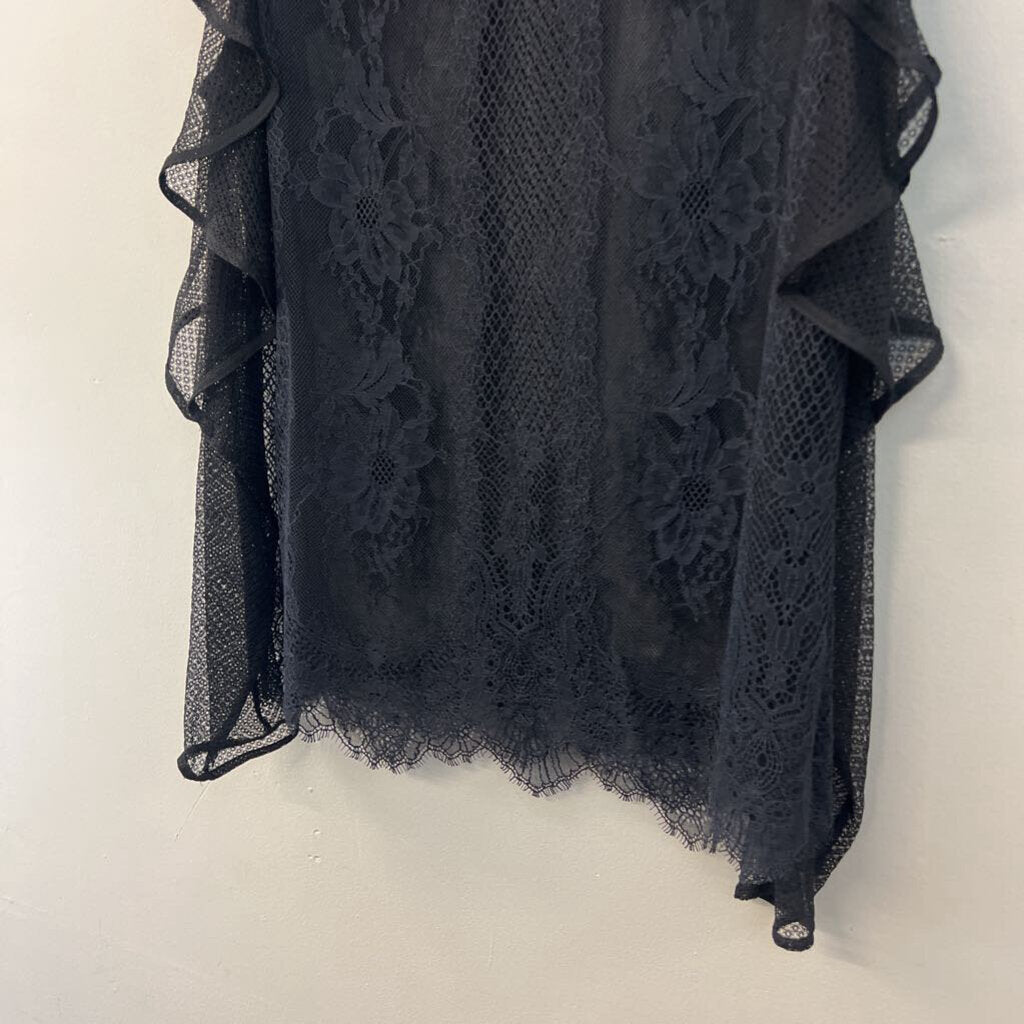 BCBG Black Sheer Lace Long Sleeve Ruffle Mock Neck Top Small