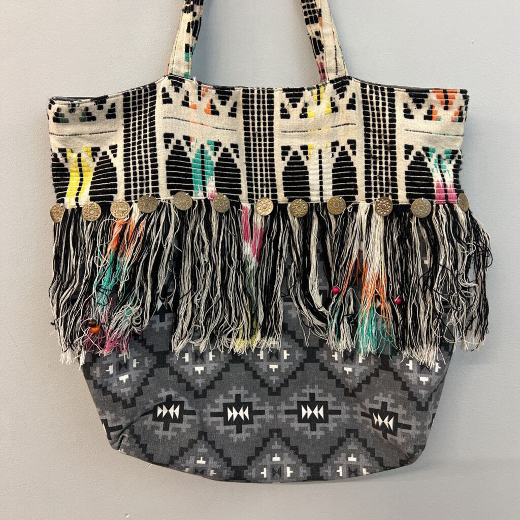 America and Beyond Black/ Cream/ Multi Canvas Embroidered Tassel Tote Purse
