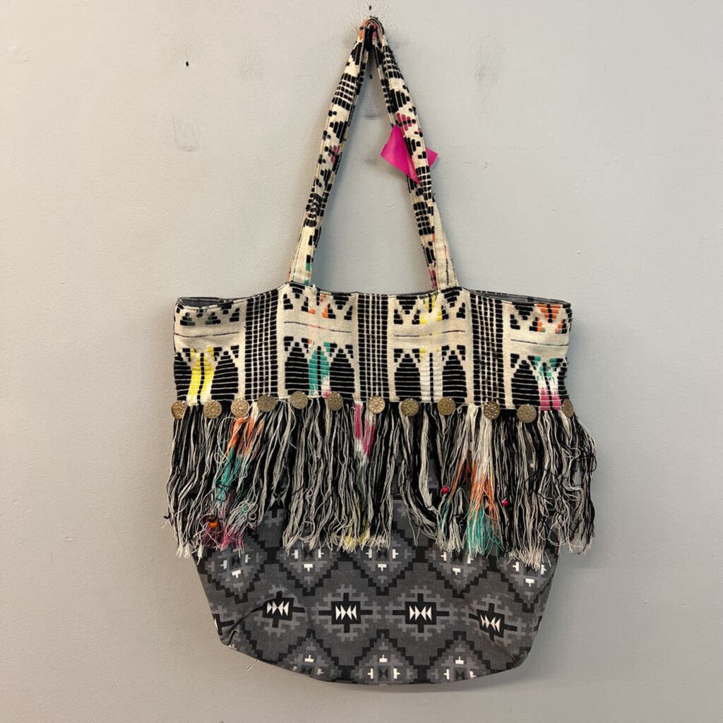 America and Beyond Black/ Cream/ Multi Canvas Embroidered Tassel Tote Purse