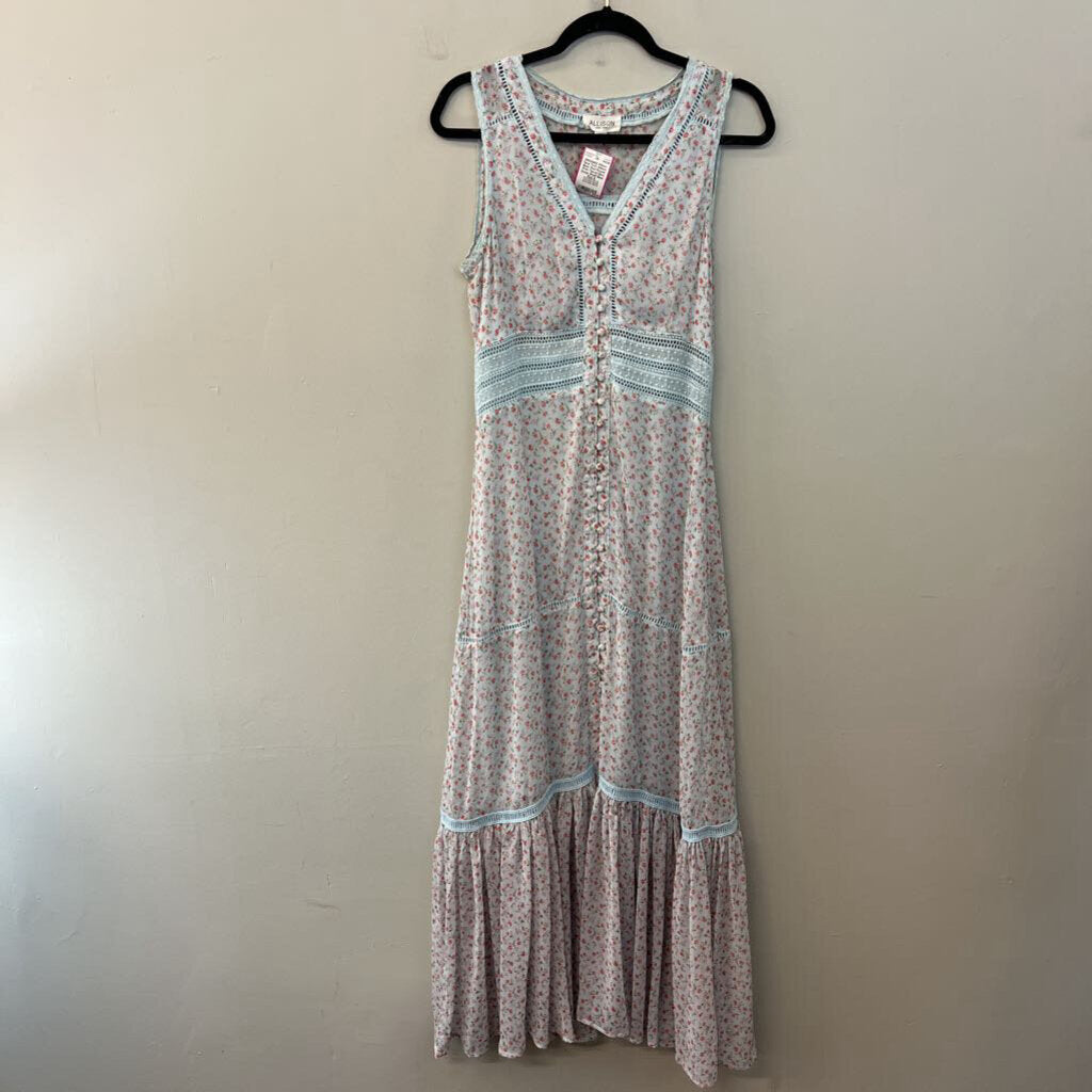 Allison Blue/ Red Flower Print Tiered Maxi Dress Small